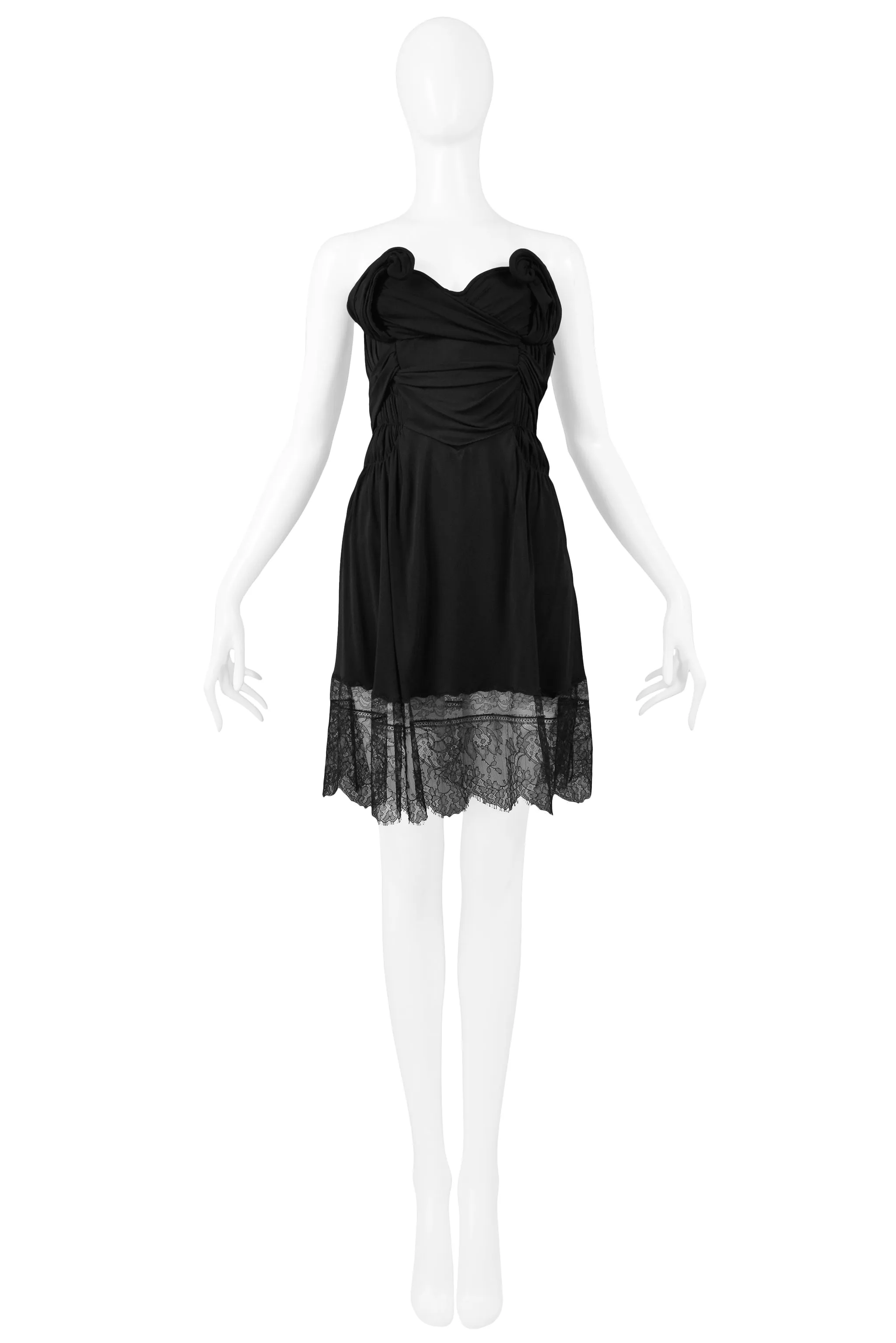 JOHN GALLIANO BLACK STRAPLESS TWIST DRESS WITH LACE TRIM AW 2010