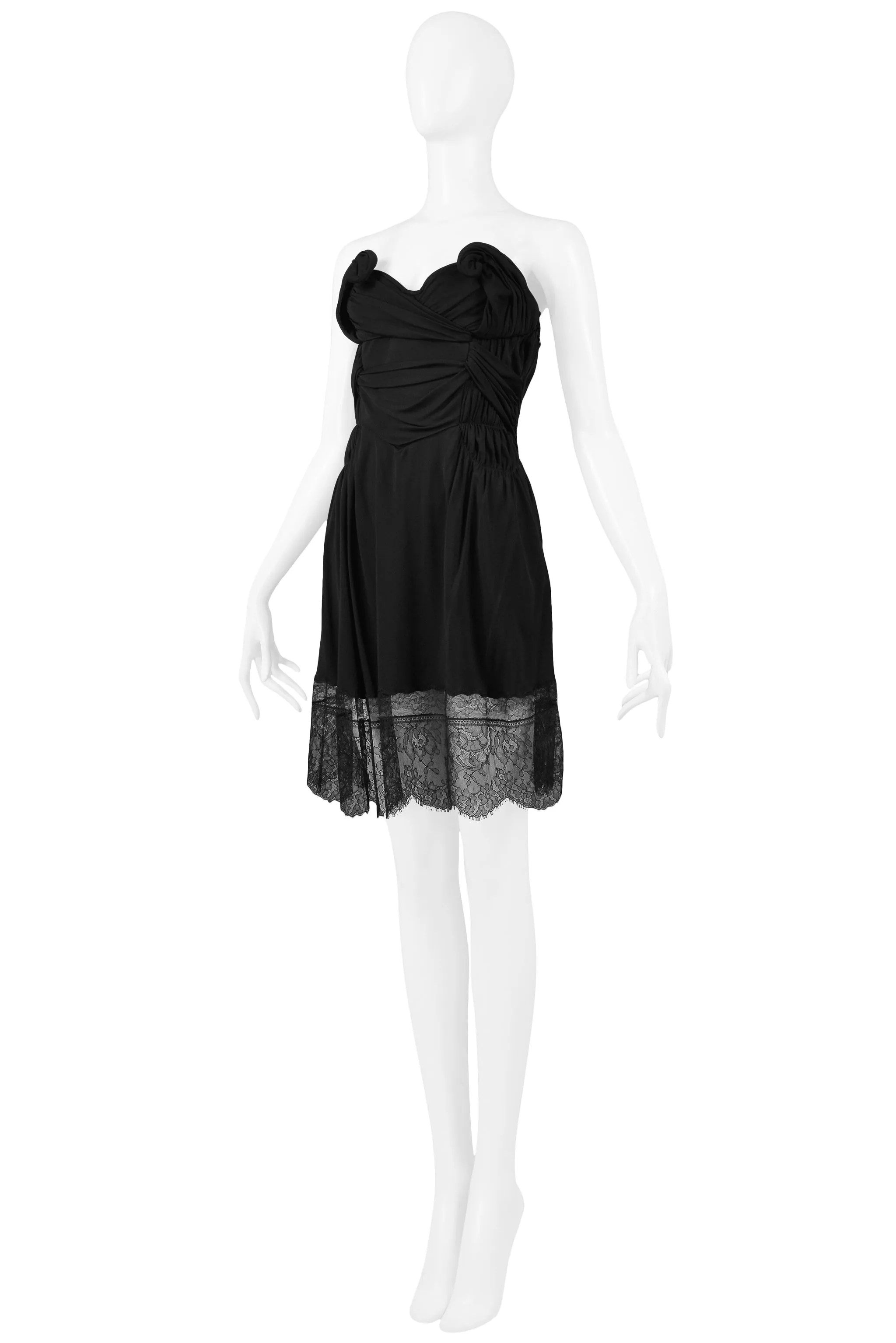 JOHN GALLIANO BLACK STRAPLESS TWIST DRESS WITH LACE TRIM AW 2010