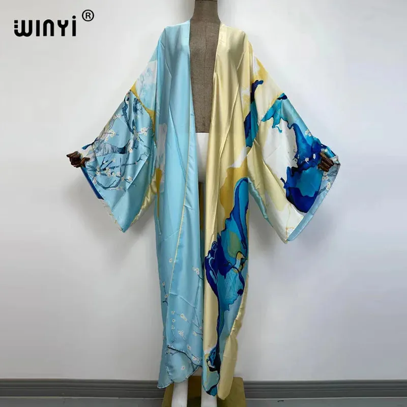 Kimonos verano Women sukienka Print Long Sleeve Cardigan Female Blouse Loose Casual beach Cover Up boho dress party kaftan