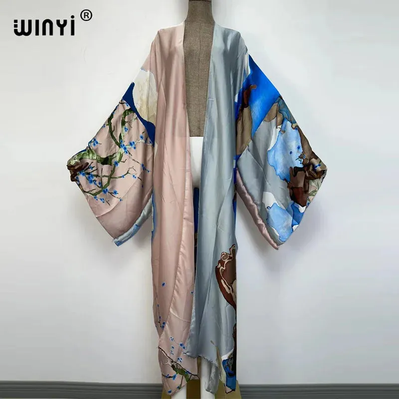 Kimonos verano Women sukienka Print Long Sleeve Cardigan Female Blouse Loose Casual beach Cover Up boho dress party kaftan