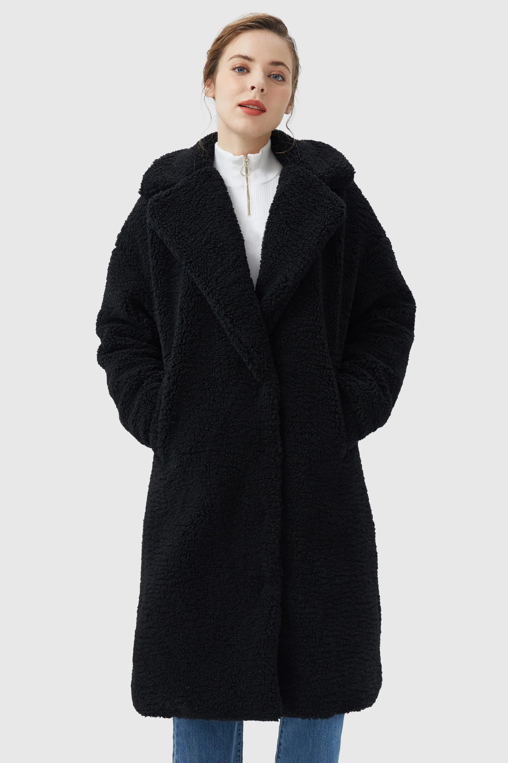 Knee-Length Fleece Lapel Down Coat