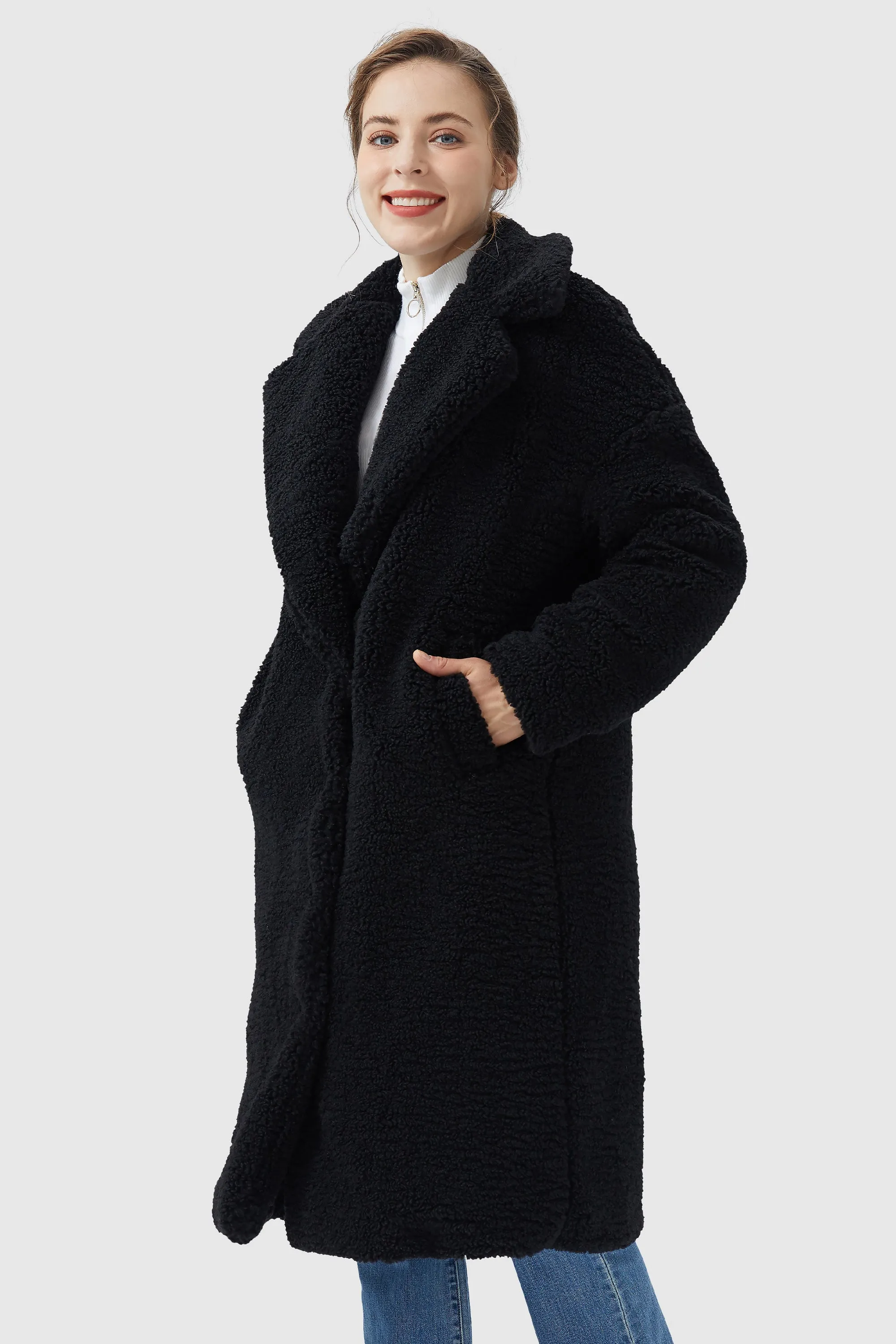 Knee-Length Fleece Lapel Down Coat