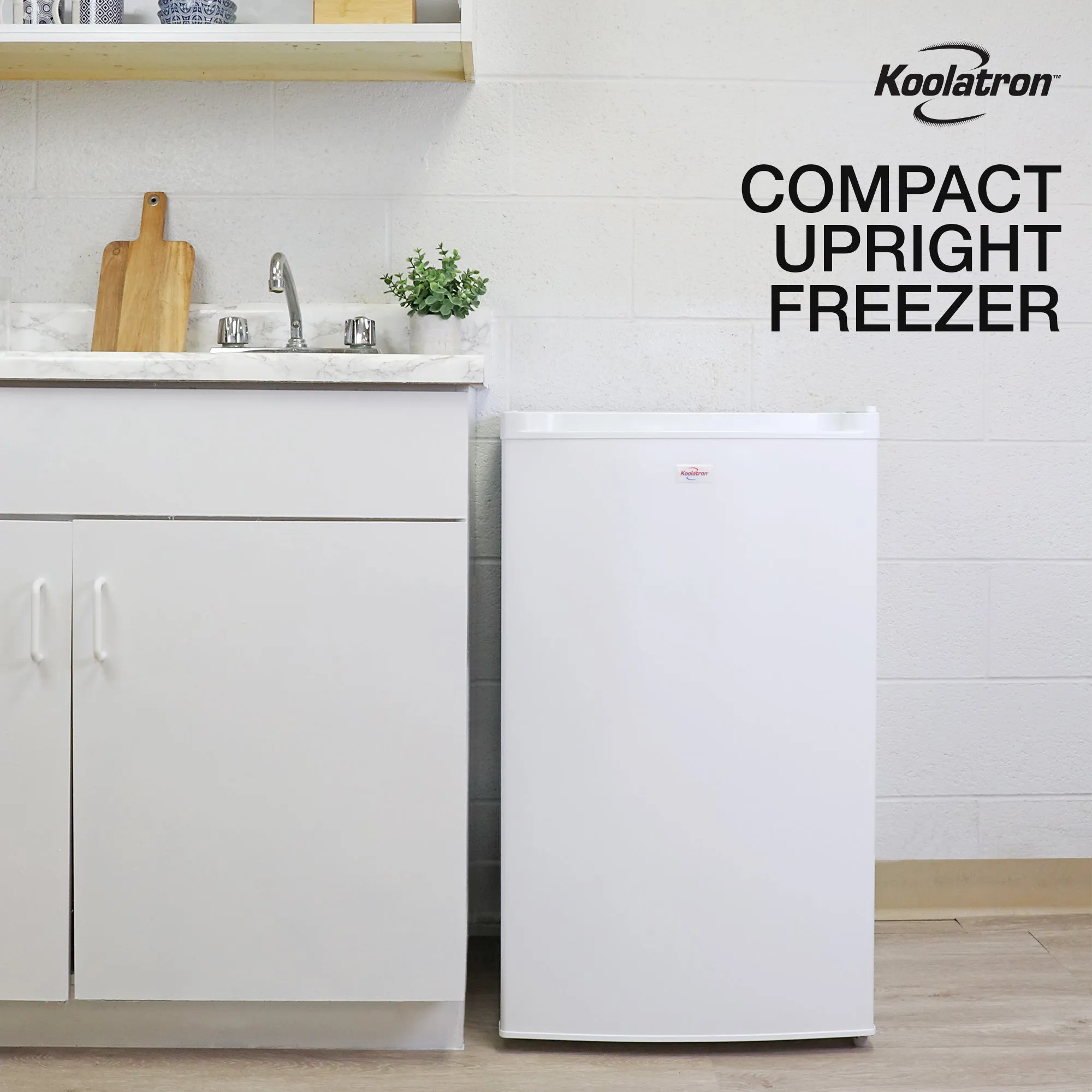 Koolatron Compact Upright Freezer, 3.1 cu ft (88L), White, Energy-Efficient Manual Defrost Design, Space-Saving Flat Back, Reversible Door, 3 Pull-Out Basket Shelves, for Apartment, Condo, Cottage