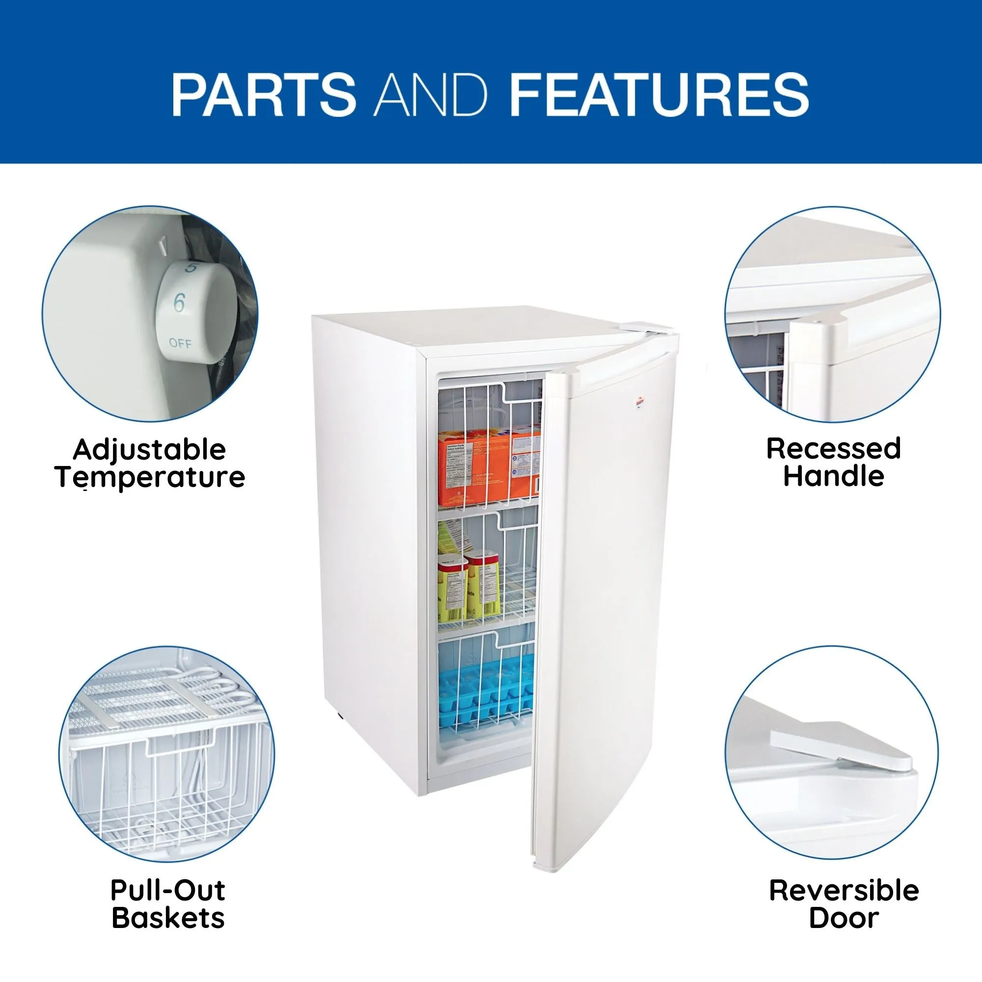 Koolatron Compact Upright Freezer, 3.1 cu ft (88L), White, Energy-Efficient Manual Defrost Design, Space-Saving Flat Back, Reversible Door, 3 Pull-Out Basket Shelves, for Apartment, Condo, Cottage