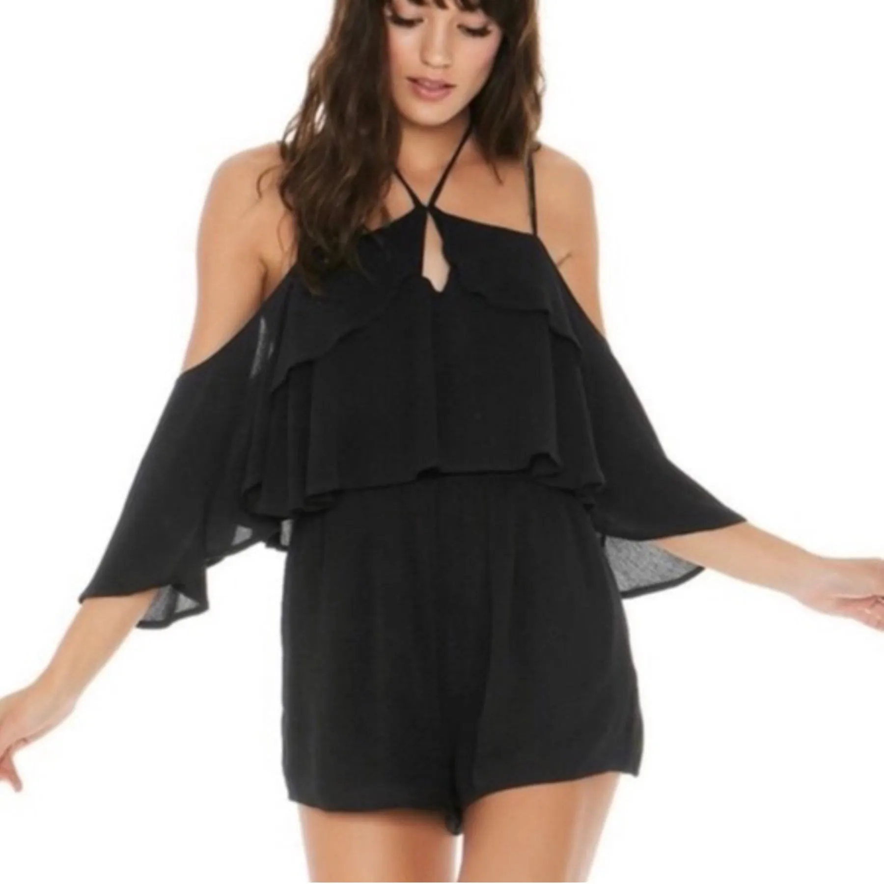 L SPACE Women's Solid Ruffle Trim Beach Swim Romper Cover Up