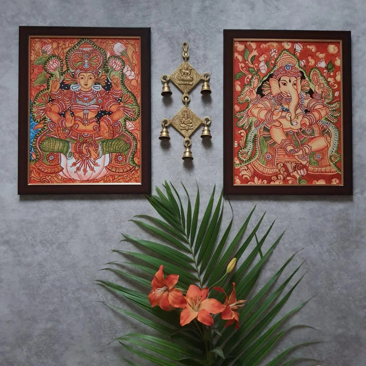 Lakshmi Ganesha Kerala Mural & Hanging Bell (Set of 3) - Handpainted Wall Decor