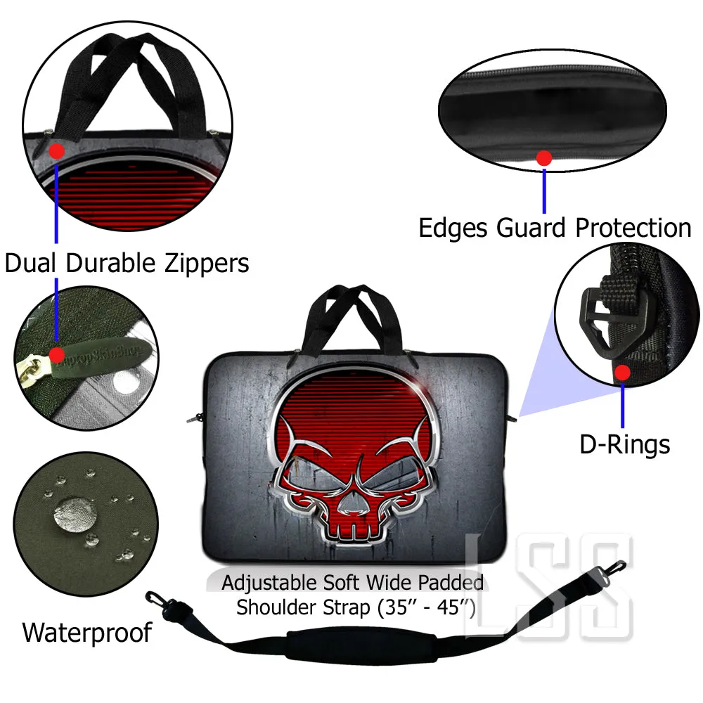 Laptop Notebook Sleeve Carrying Case with Carry Handle and Shoulder Strap - Silver Red Skull