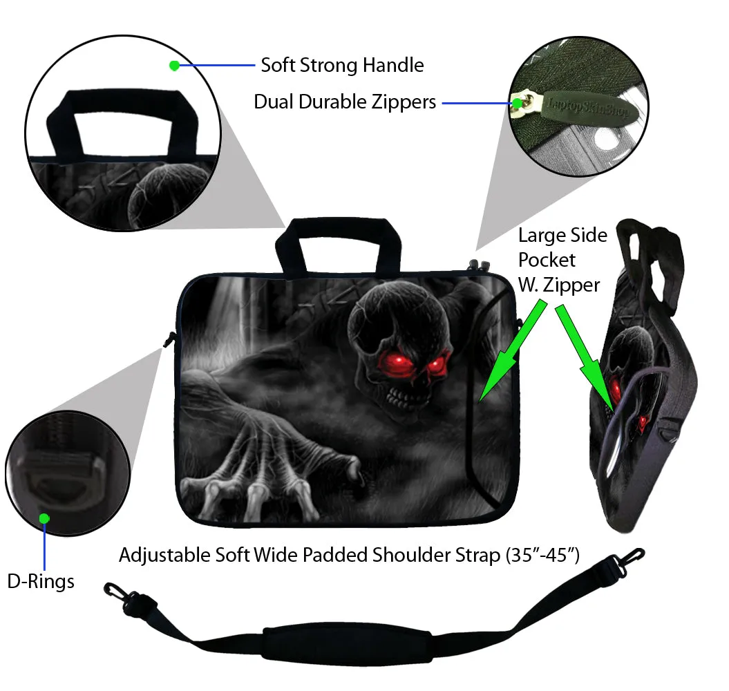 Laptop Sleeve Carrying Case w/ Removable Shoulder Strap & Skin & Mouse Pad – Red Eye Dark Ghost Zombie Skull