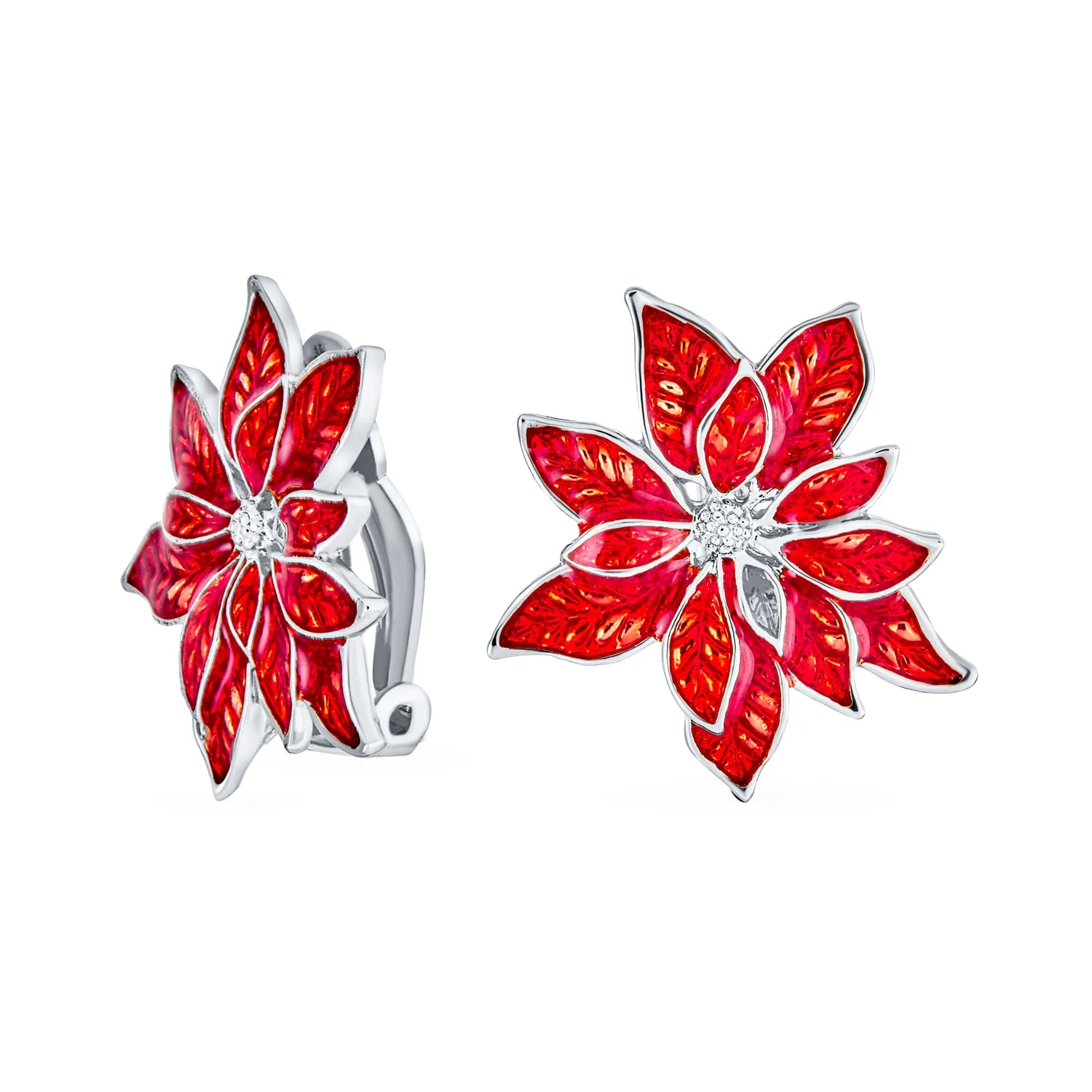 Large White Red Enamel Flower Poinsettia Brooch Pin Clip On Earrings Jewelry Set