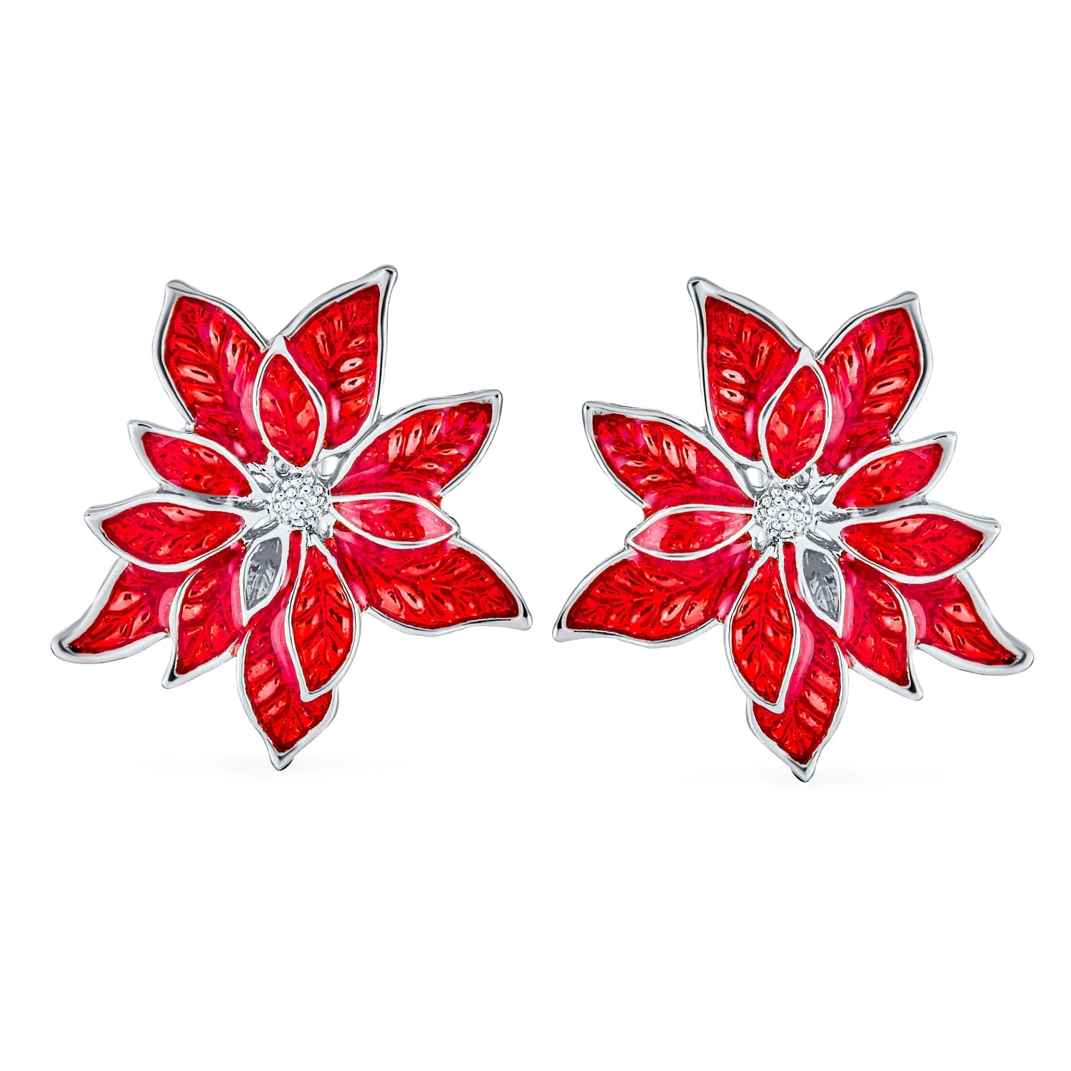 Large White Red Enamel Flower Poinsettia Brooch Pin Clip On Earrings Jewelry Set