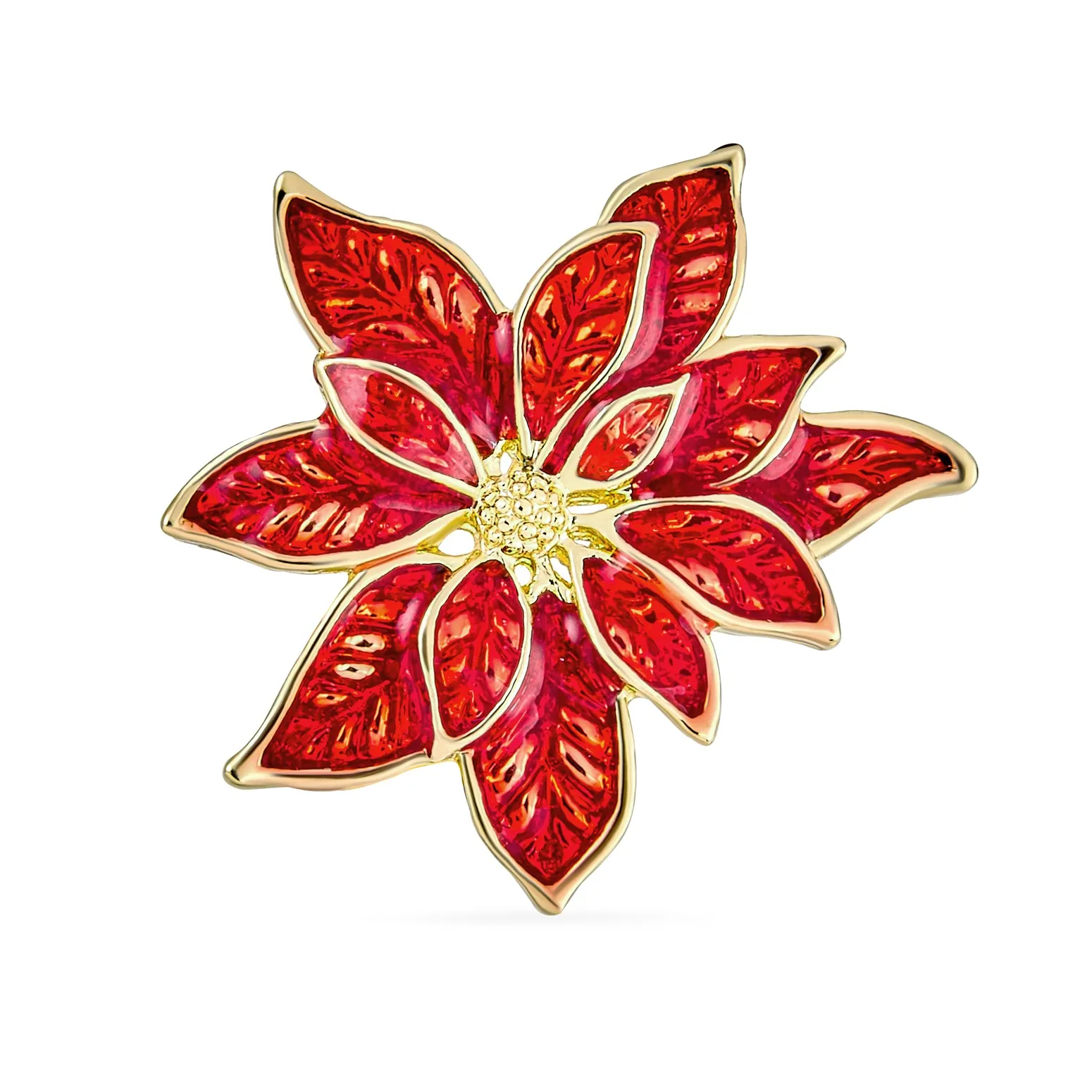 Large White Red Enamel Flower Poinsettia Brooch Pin Clip On Earrings Jewelry Set