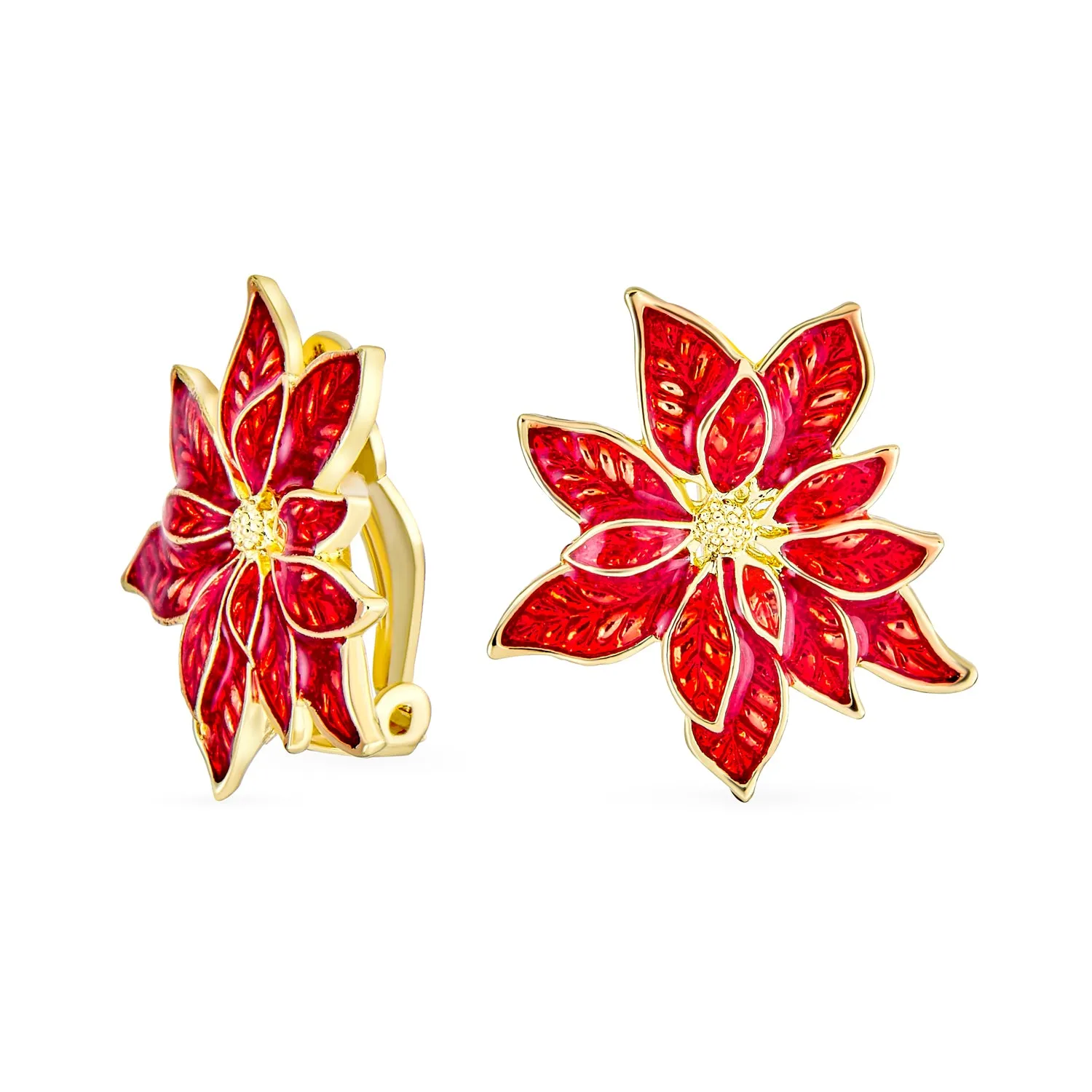 Large White Red Enamel Flower Poinsettia Brooch Pin Clip On Earrings Jewelry Set