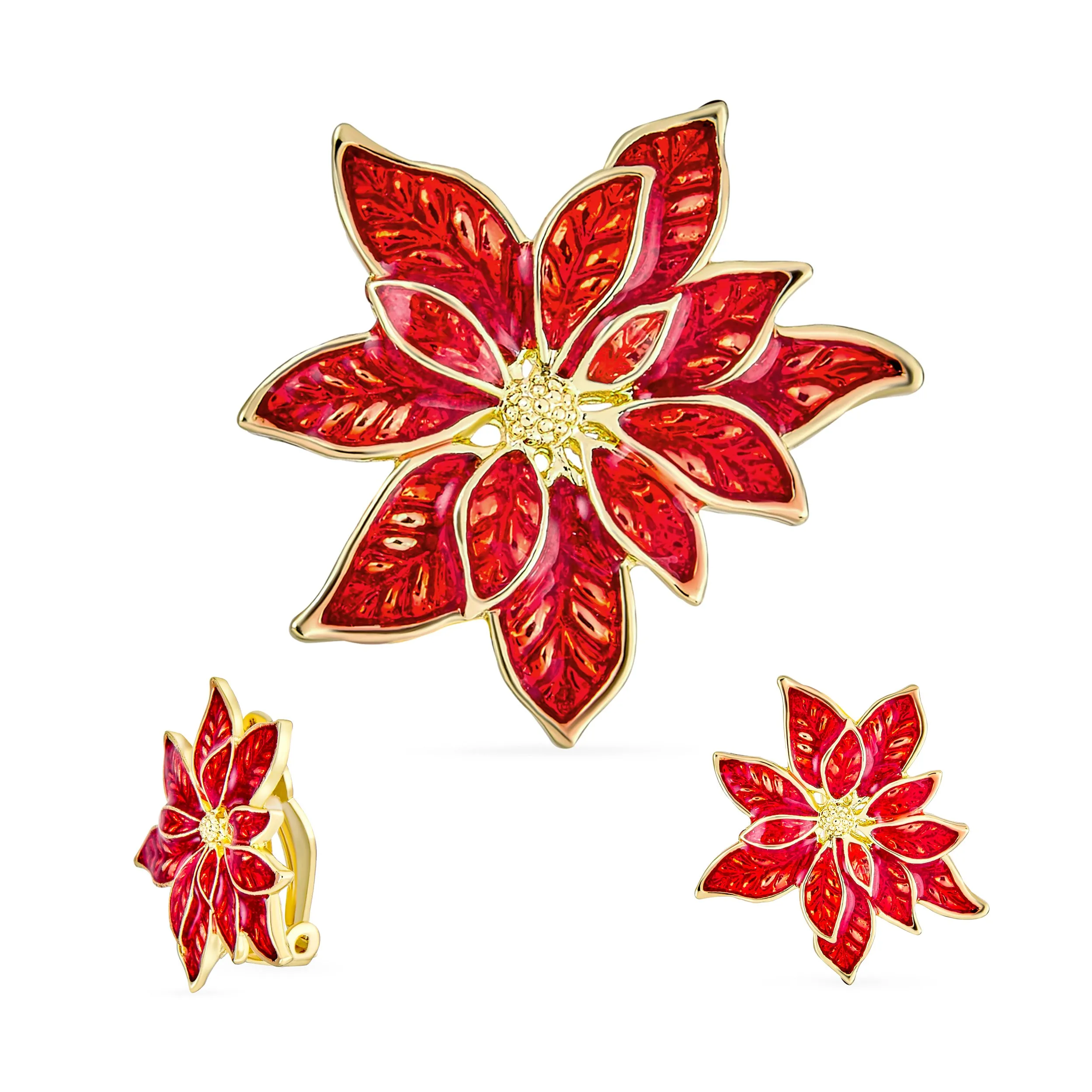 Large White Red Enamel Flower Poinsettia Brooch Pin Clip On Earrings Jewelry Set