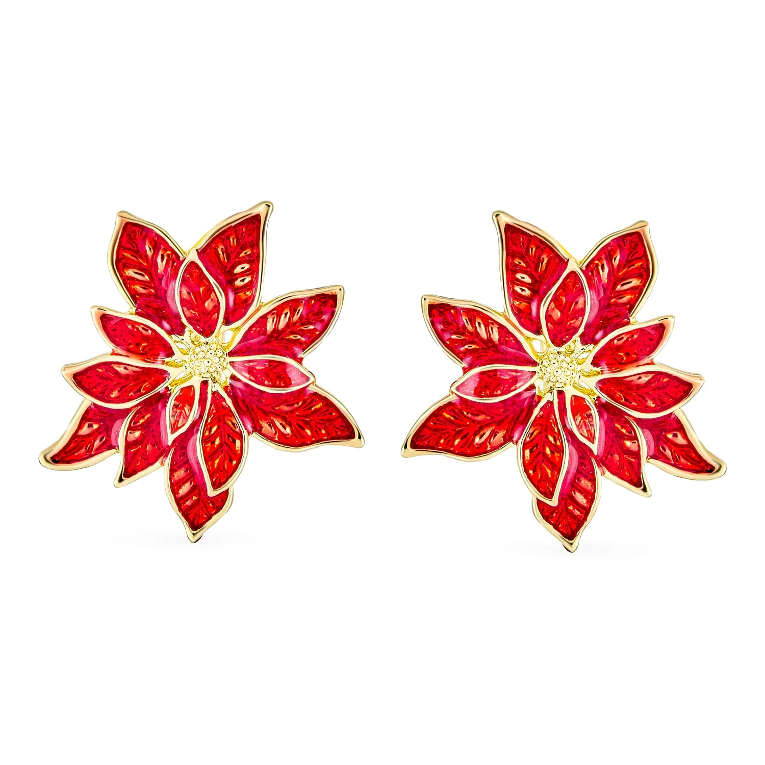 Large White Red Enamel Flower Poinsettia Brooch Pin Clip On Earrings Jewelry Set