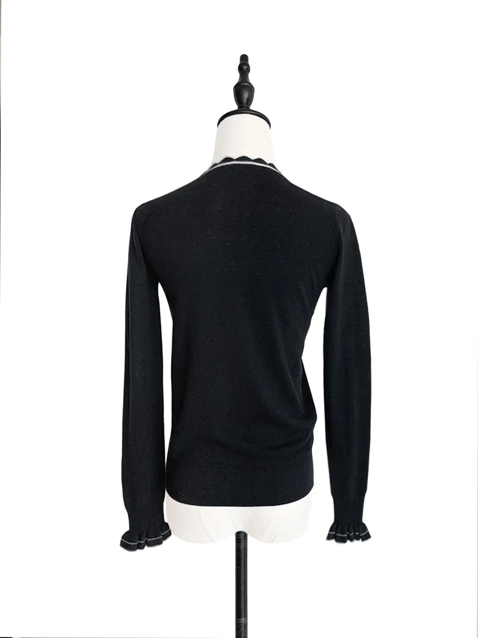 Last Chance! Black Scallop Collar Contrast Trim Cashmere Wool Blend Sweater