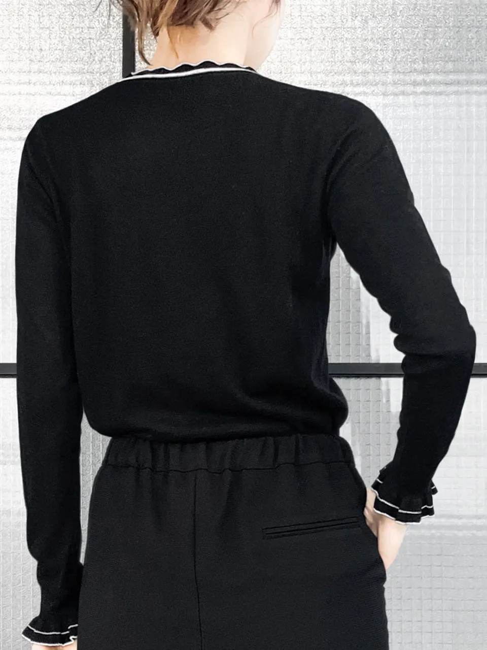 Last Chance! Black Scallop Collar Contrast Trim Cashmere Wool Blend Sweater