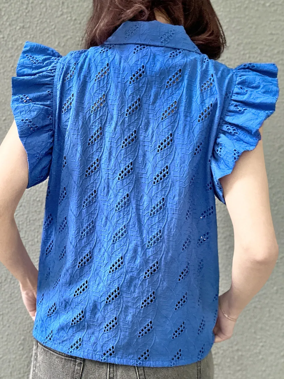 Last Chance! Blue Leaf Ruffle Sleeve Open Collar Single Button Blouse