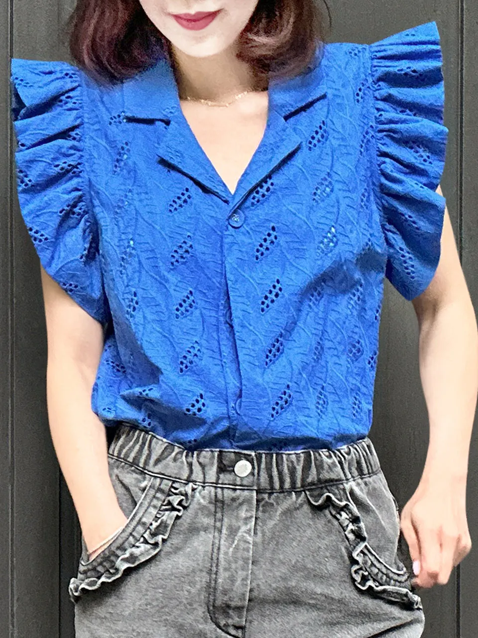 Last Chance! Blue Leaf Ruffle Sleeve Open Collar Single Button Blouse