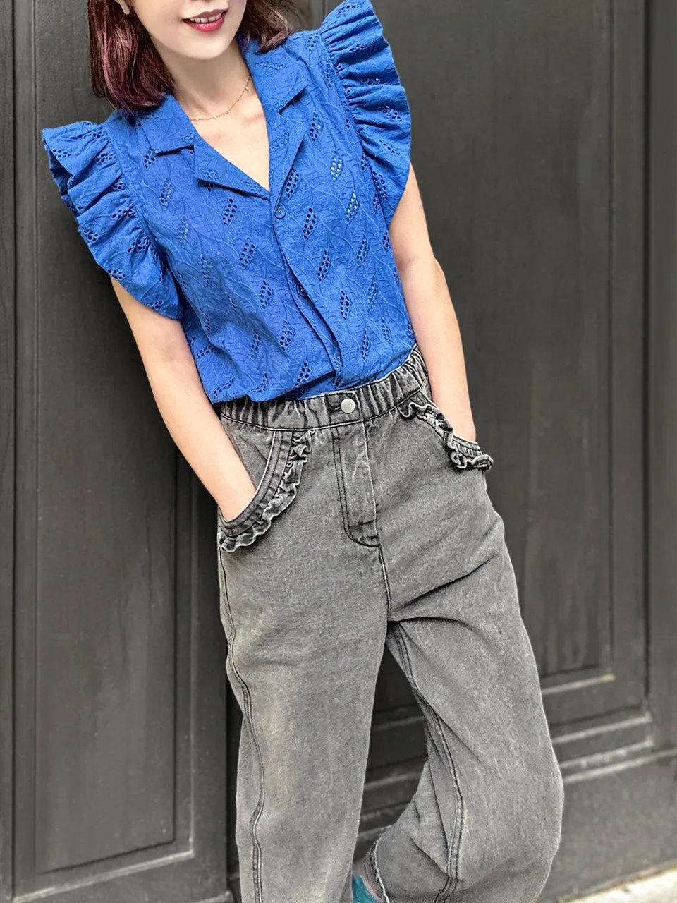 Last Chance! Blue Leaf Ruffle Sleeve Open Collar Single Button Blouse