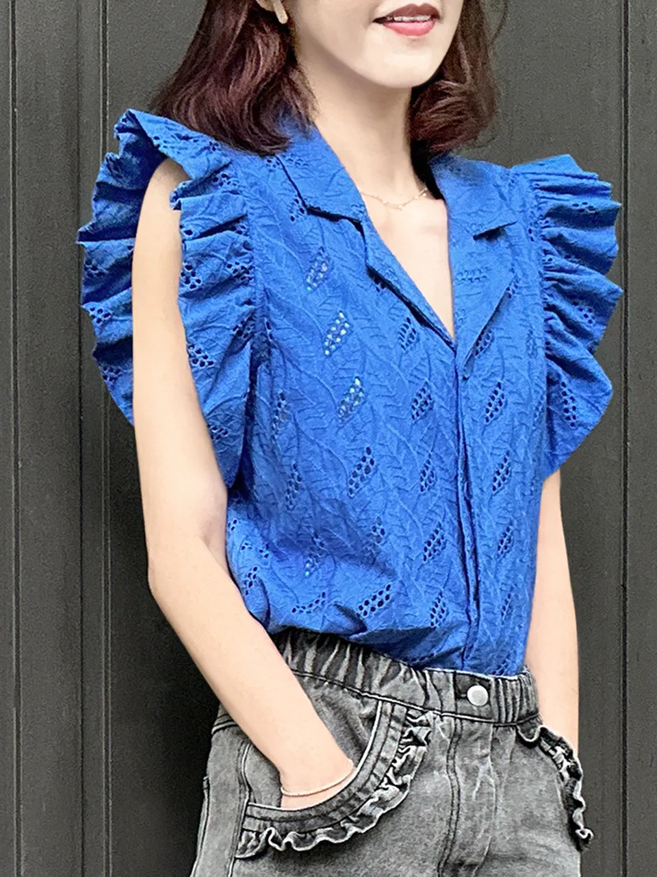 Last Chance! Blue Leaf Ruffle Sleeve Open Collar Single Button Blouse