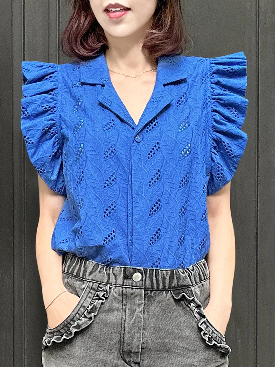 Last Chance! Blue Leaf Ruffle Sleeve Open Collar Single Button Blouse