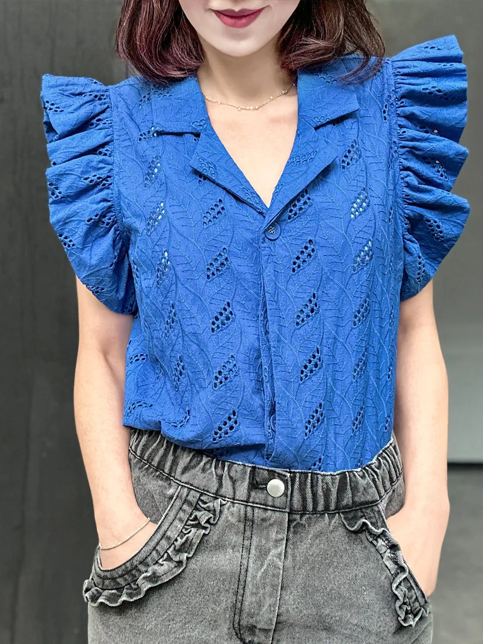 Last Chance! Blue Leaf Ruffle Sleeve Open Collar Single Button Blouse