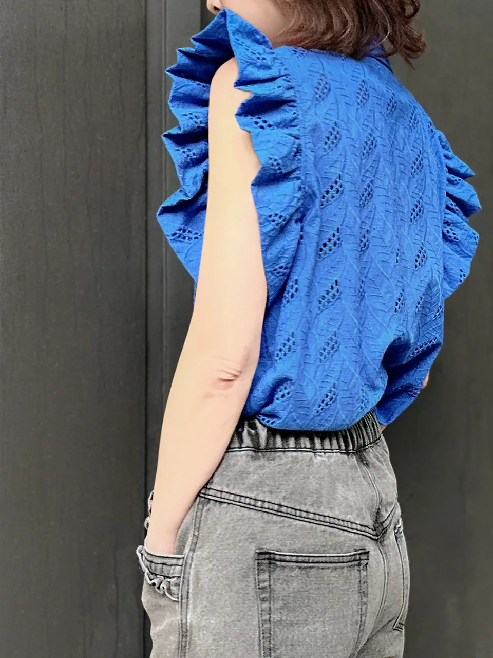 Last Chance! Blue Leaf Ruffle Sleeve Open Collar Single Button Blouse