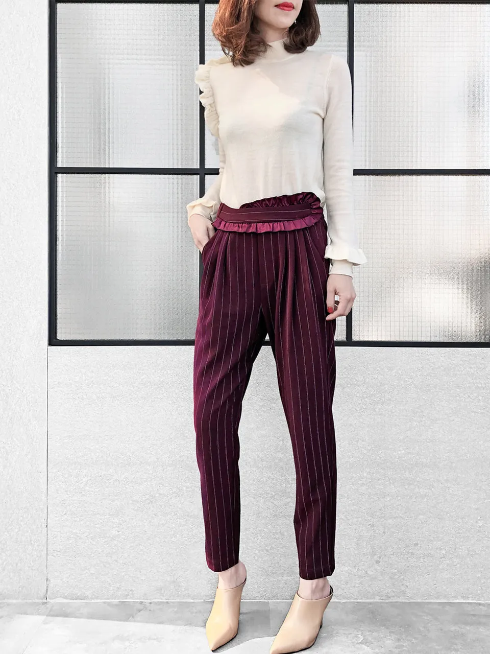 Last Chance! Burgundy Pinstripe Ruffle Waist Taper Trousers