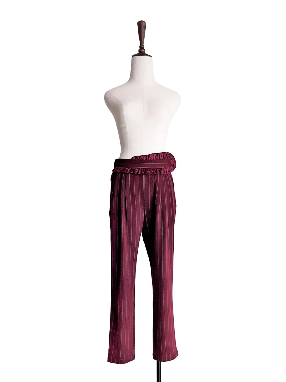 Last Chance! Burgundy Pinstripe Ruffle Waist Taper Trousers