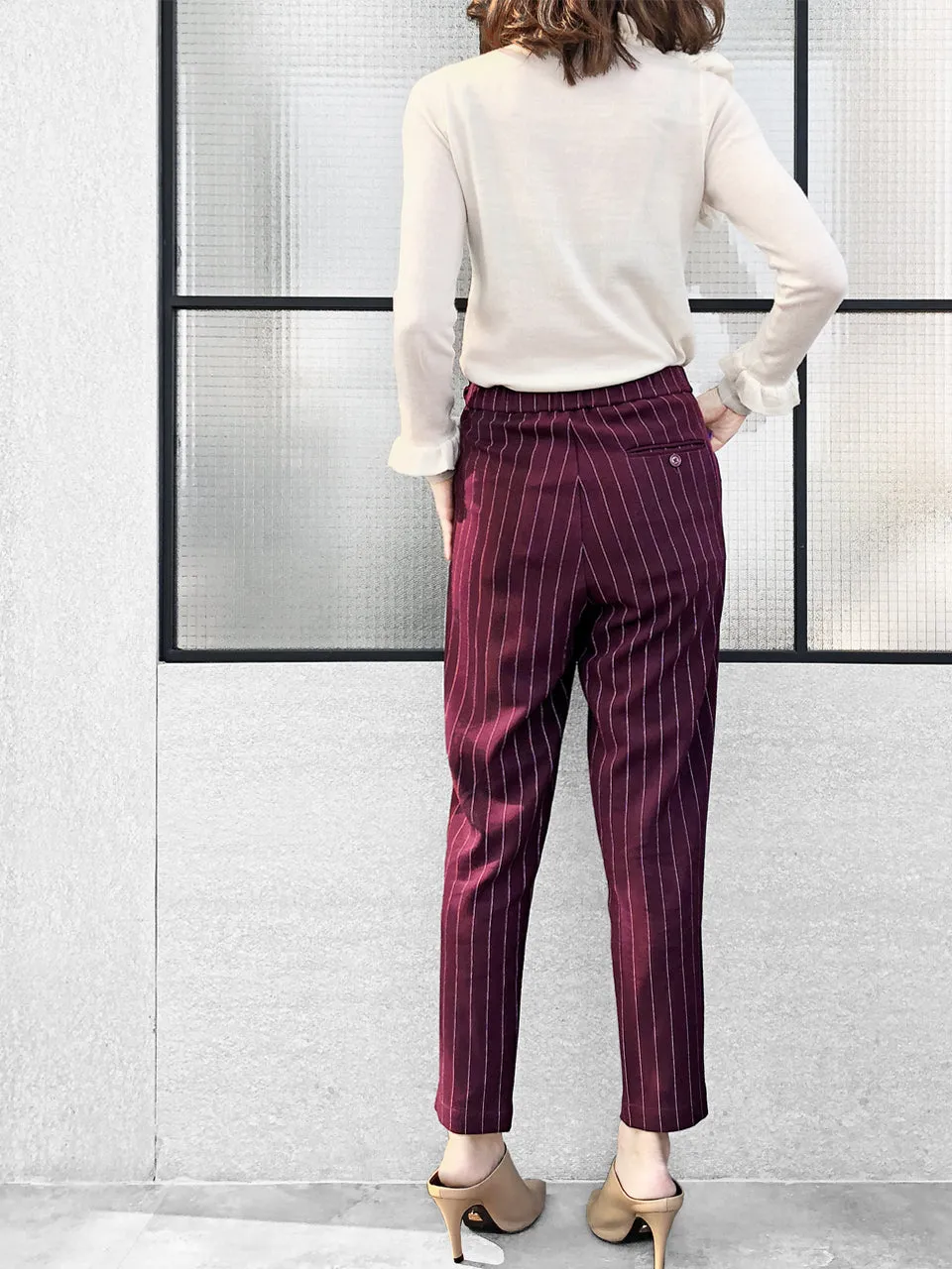 Last Chance! Burgundy Pinstripe Ruffle Waist Taper Trousers