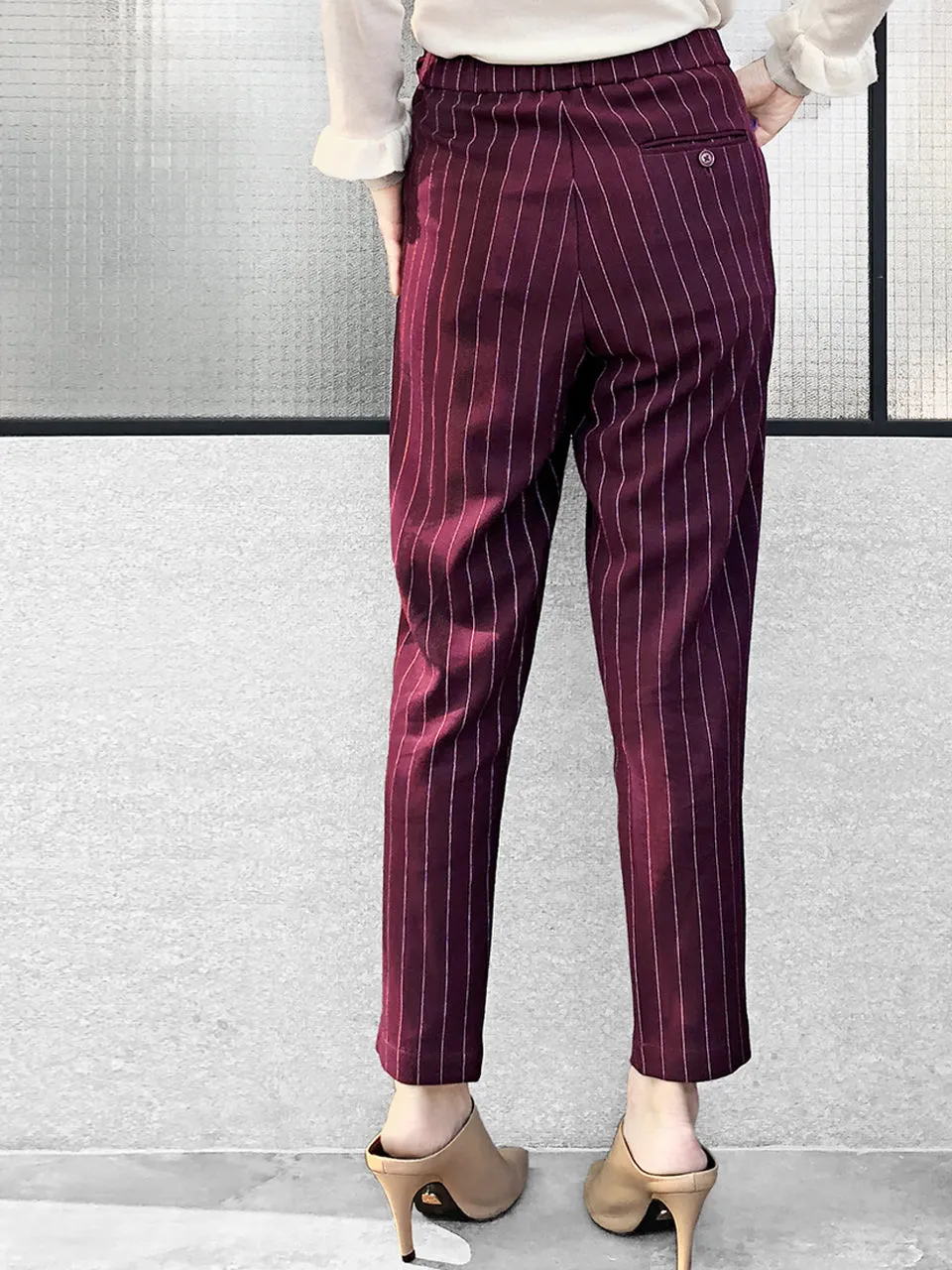 Last Chance! Burgundy Pinstripe Ruffle Waist Taper Trousers