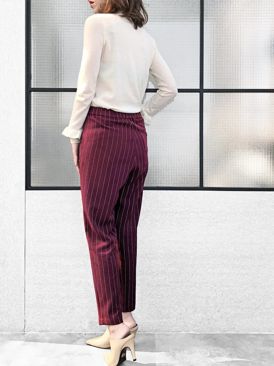 Last Chance! Burgundy Pinstripe Ruffle Waist Taper Trousers