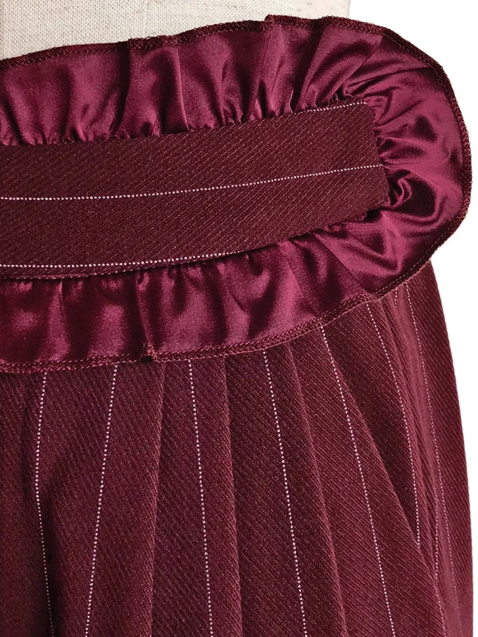 Last Chance! Burgundy Pinstripe Ruffle Waist Taper Trousers