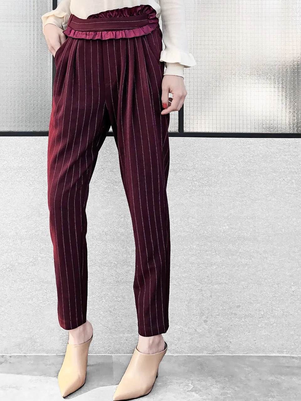 Last Chance! Burgundy Pinstripe Ruffle Waist Taper Trousers