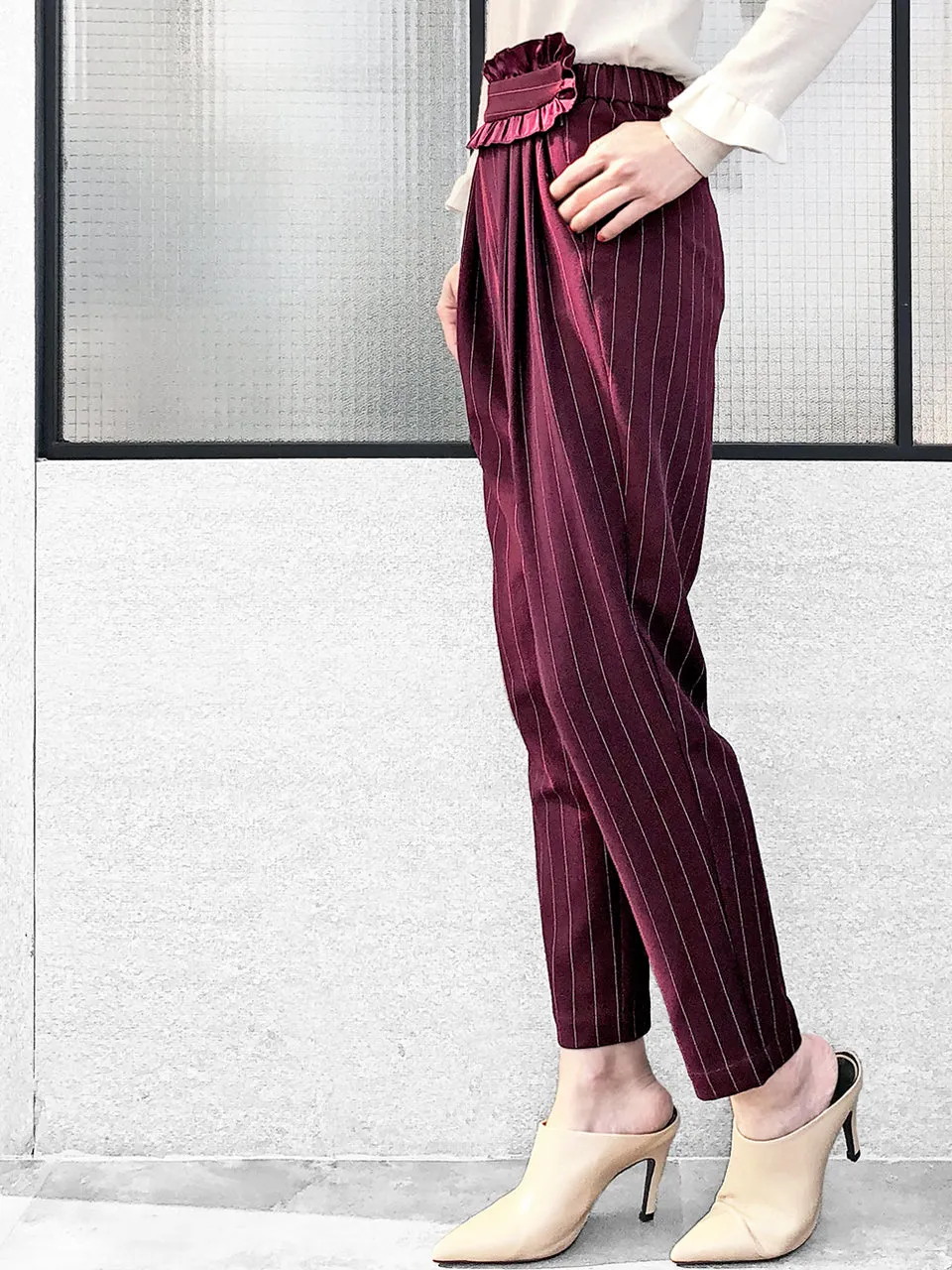 Last Chance! Burgundy Pinstripe Ruffle Waist Taper Trousers