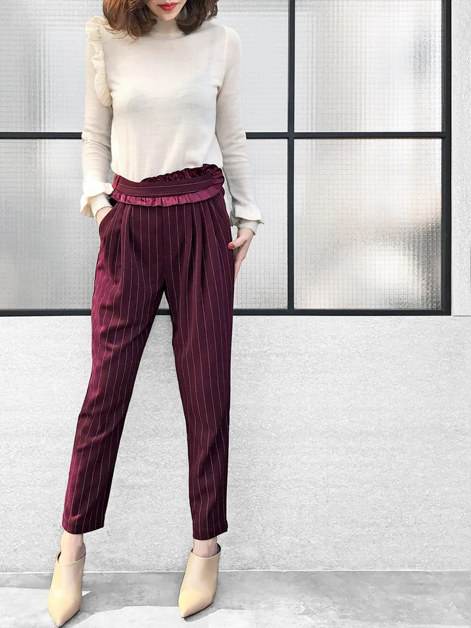 Last Chance! Burgundy Pinstripe Ruffle Waist Taper Trousers