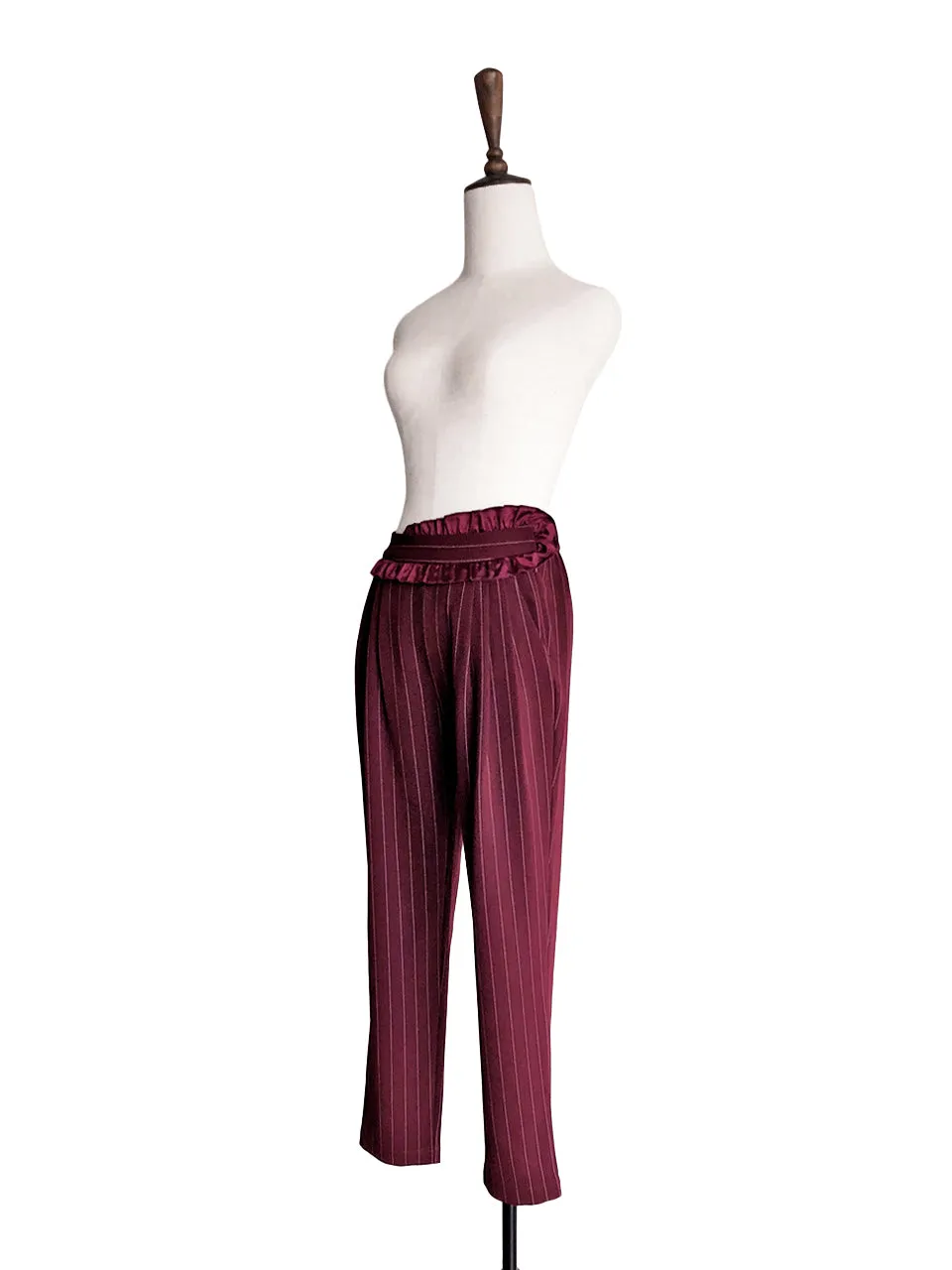 Last Chance! Burgundy Pinstripe Ruffle Waist Taper Trousers