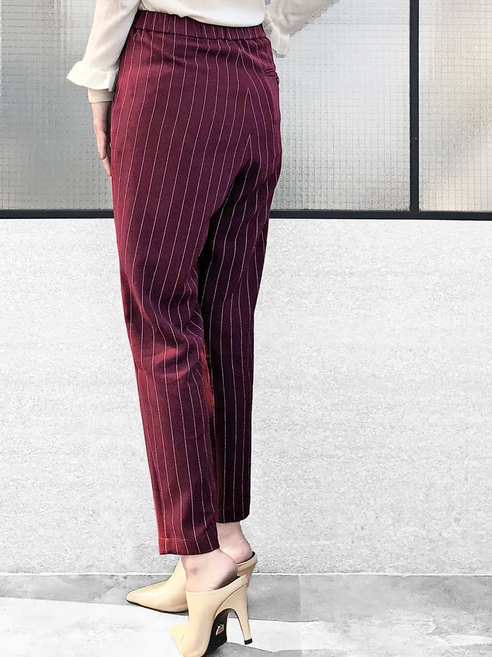 Last Chance! Burgundy Pinstripe Ruffle Waist Taper Trousers