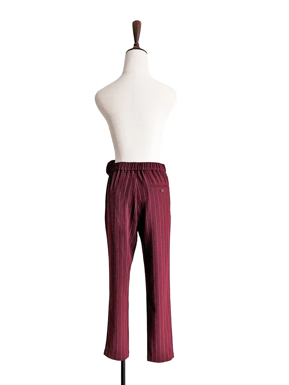 Last Chance! Burgundy Pinstripe Ruffle Waist Taper Trousers