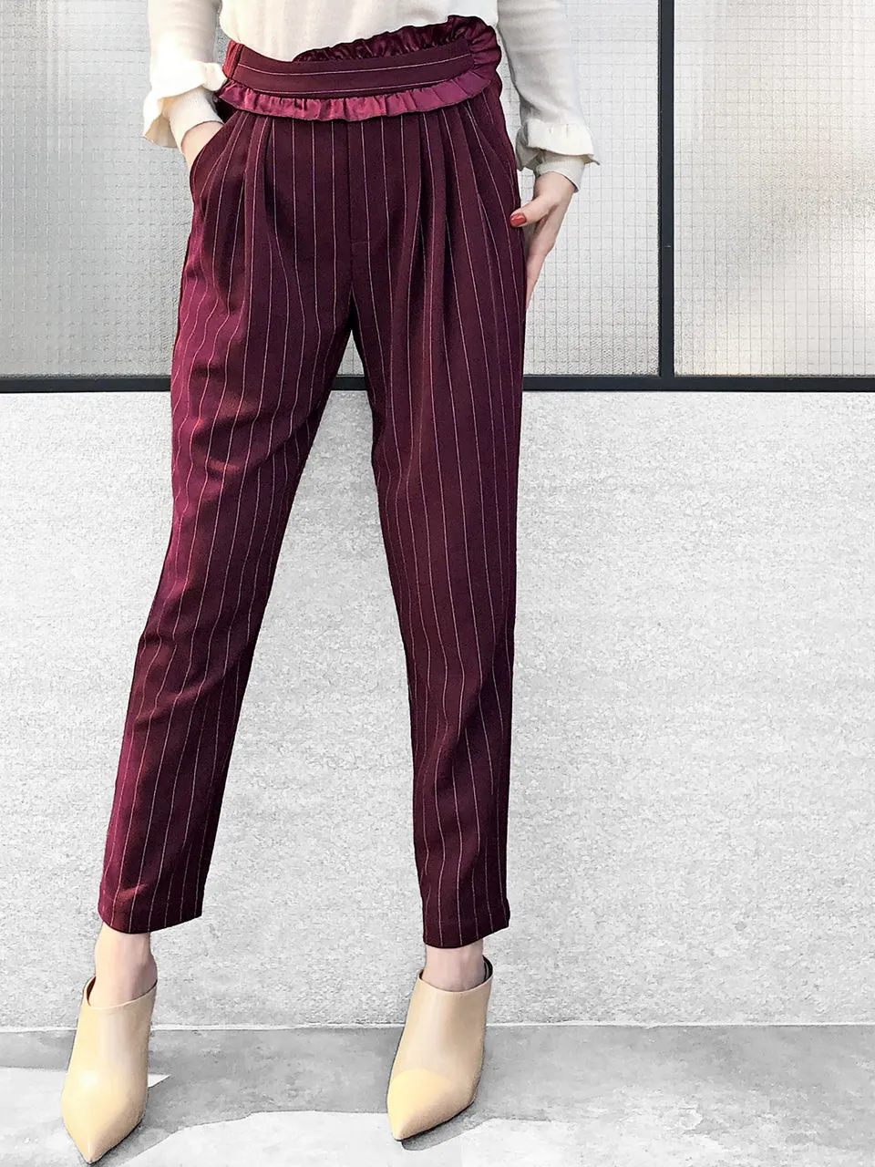 Last Chance! Burgundy Pinstripe Ruffle Waist Taper Trousers