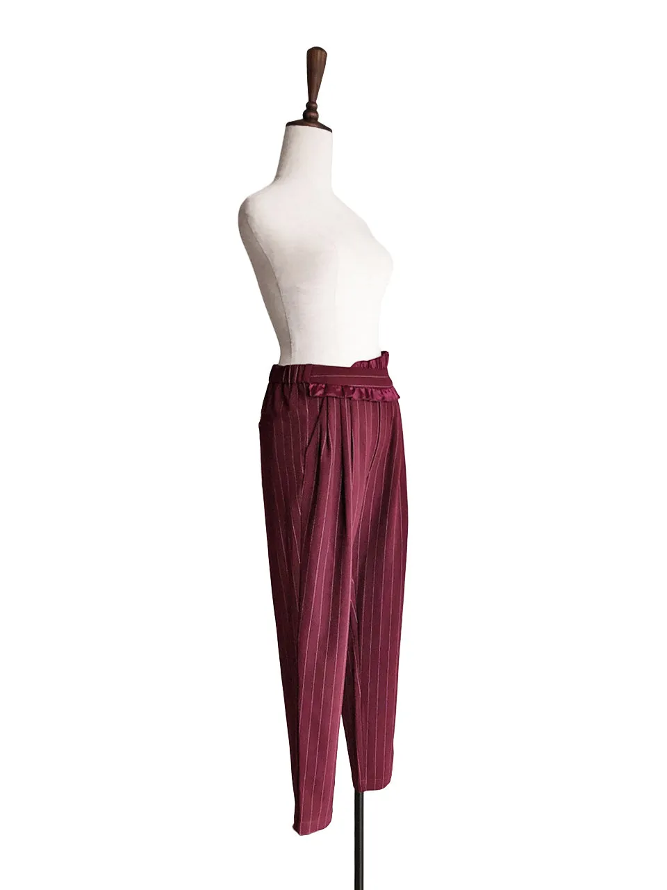 Last Chance! Burgundy Pinstripe Ruffle Waist Taper Trousers