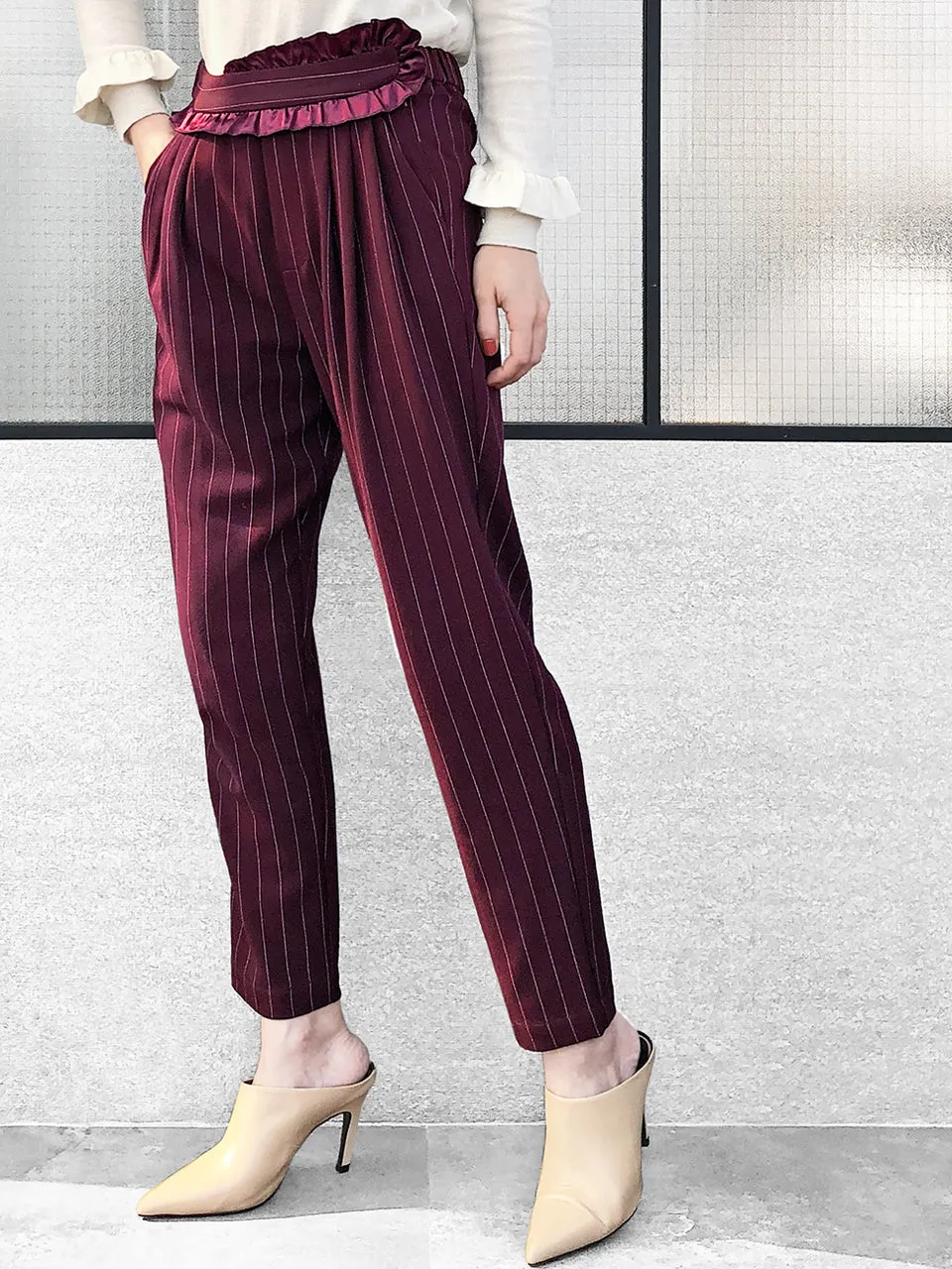 Last Chance! Burgundy Pinstripe Ruffle Waist Taper Trousers