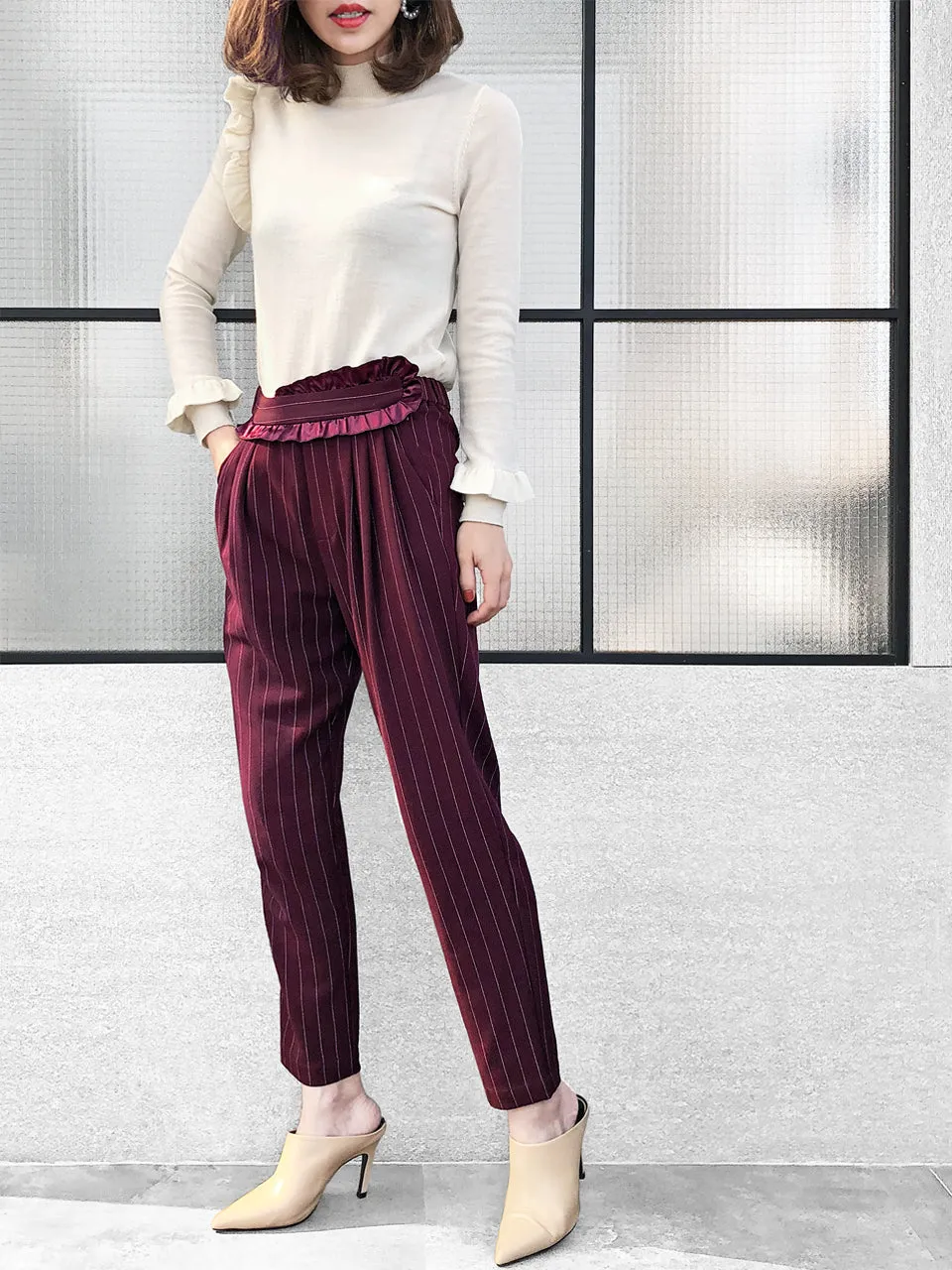 Last Chance! Burgundy Pinstripe Ruffle Waist Taper Trousers