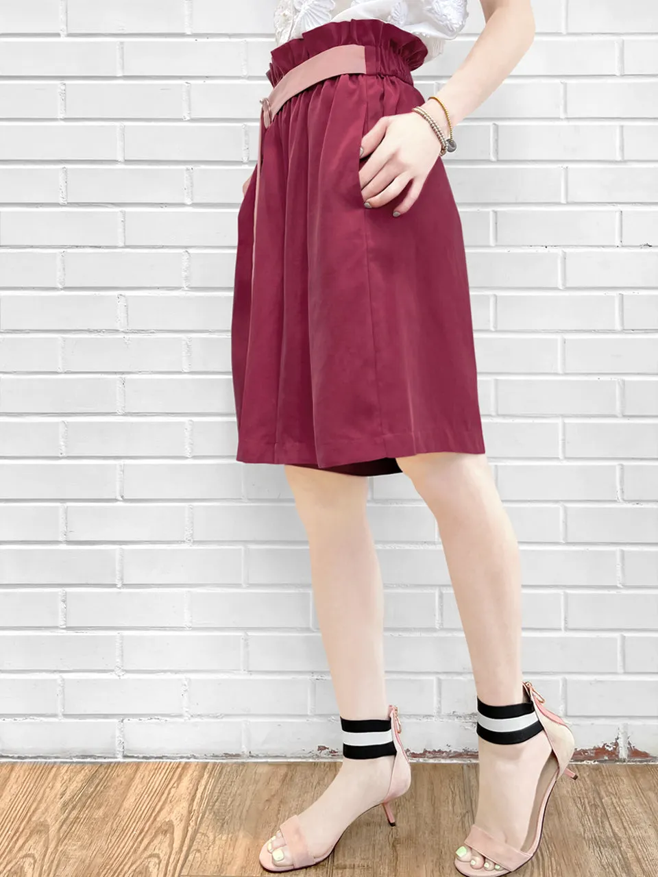 Last Chance! Deep Magenta Paperbag Waist Wide-leg Shorts