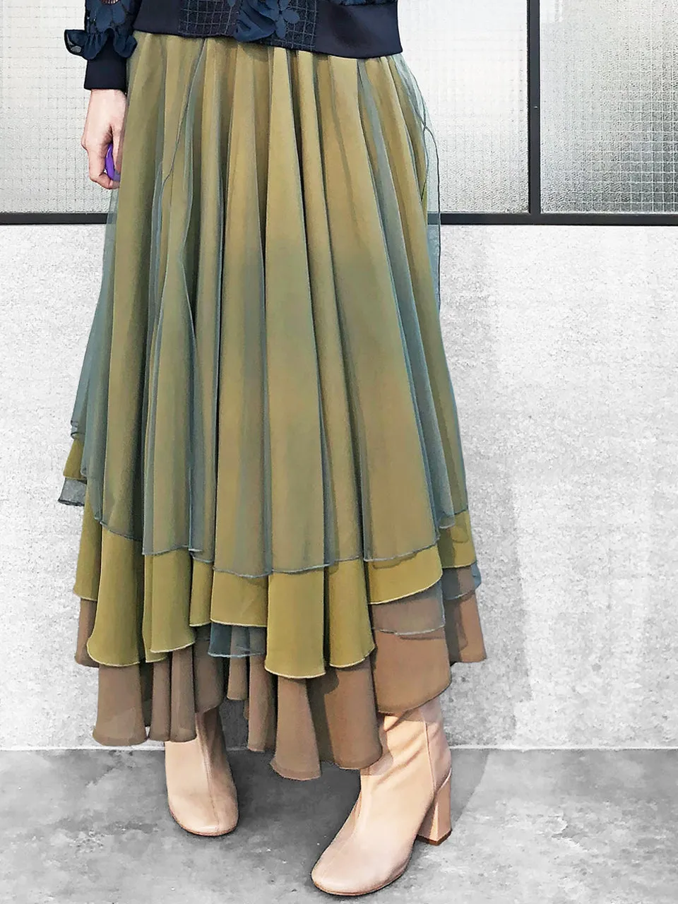 Last Chance! Layer Textured Army Green Tulle Maxi Skirt