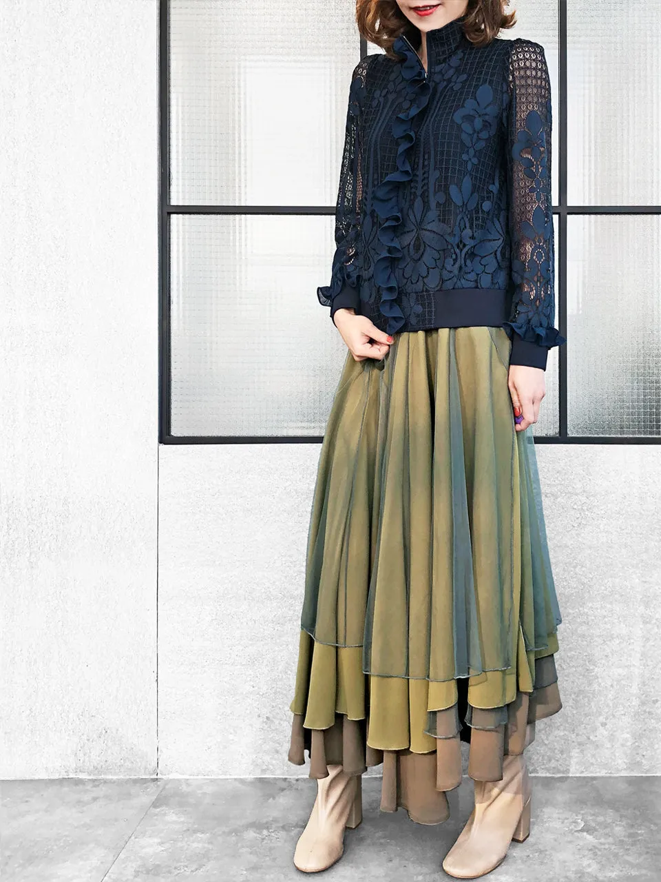 Last Chance! Layer Textured Army Green Tulle Maxi Skirt