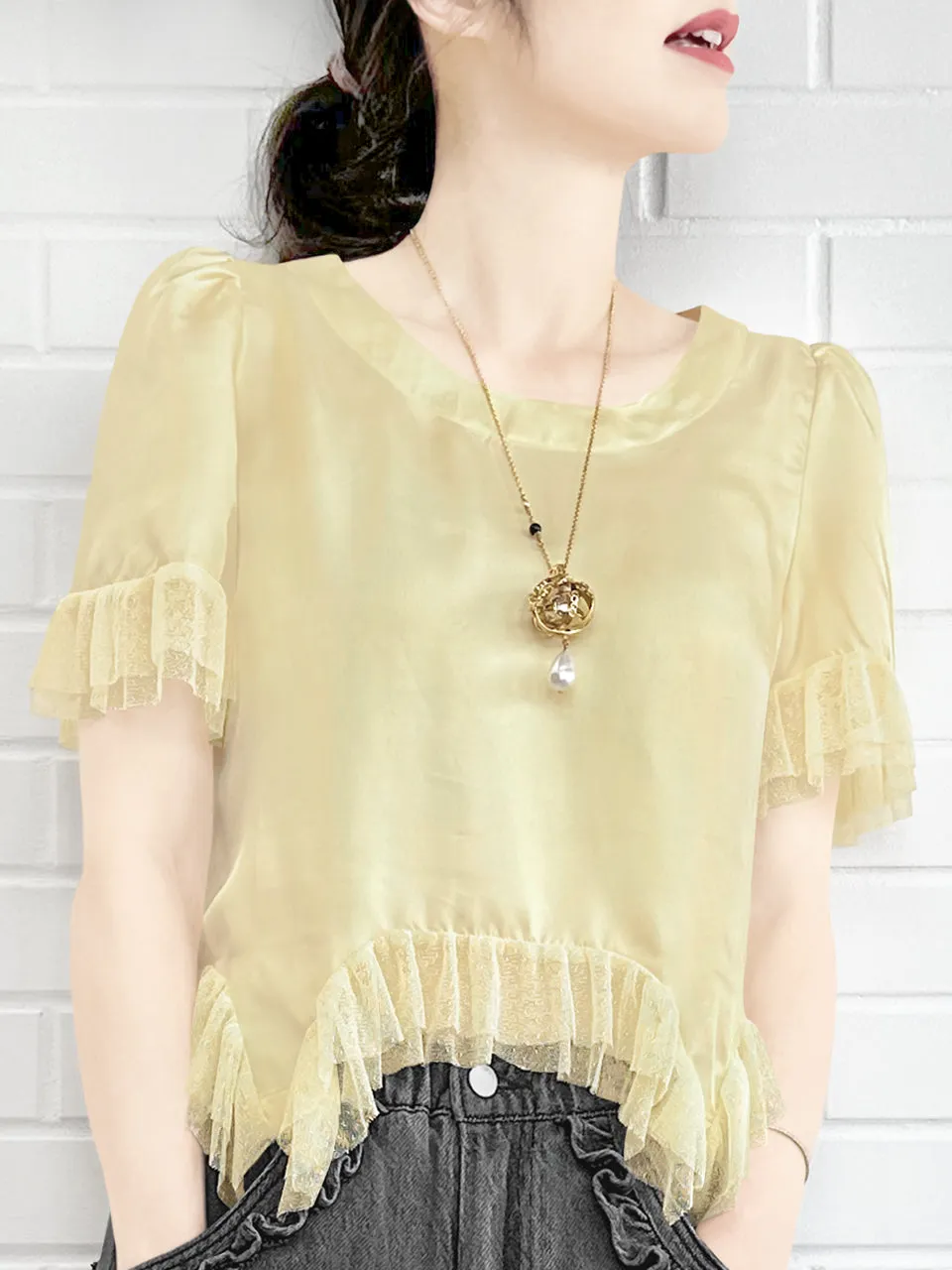 Last Chance! Tonal Yellow Mix Detail Asymmetric Hem Ruffle Top