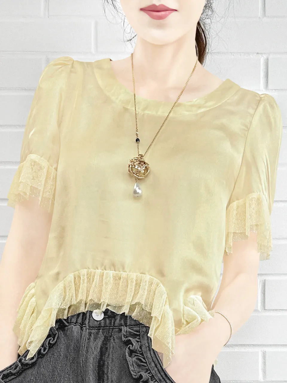 Last Chance! Tonal Yellow Mix Detail Asymmetric Hem Ruffle Top