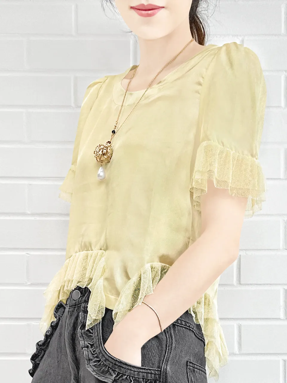 Last Chance! Tonal Yellow Mix Detail Asymmetric Hem Ruffle Top