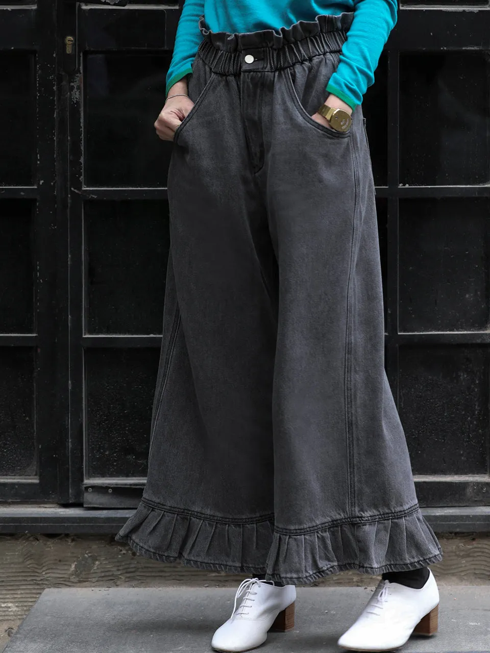 Last Chance! Washed Black Paperbag Waist Ruffle Hem Wide Leg Jeans